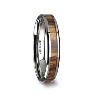 PALMALETTO Tungsten Carbide Ring with Beveled Edges and Real Zebra Wood Inlay - 4mm - Thorsten Rings