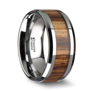 PALMALETTO Tungsten Carbide Ring with Beveled Edges and Real Zebra Wood Inlay - 10mm - Thorsten Rings