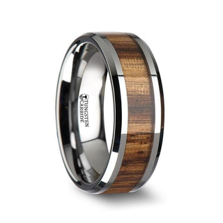 PALMALETTO Tungsten Carbide Ring with Beveled Edges and Real Zebra Wood Inlay - 10mm - Thorsten Rings