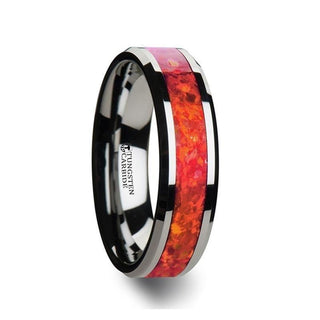 NEBULA Tungsten Wedding Band with Beveled Edges and Red Opal Inlay - 4mm - 8mm - Thorsten Rings