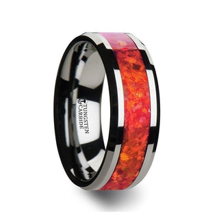 NEBULA Tungsten Wedding Band with Beveled Edges and Red Opal Inlay - 4mm - 8mm - Thorsten Rings