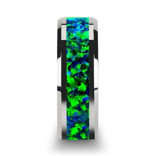 PHOTON Tungsten Beveled Wedding Band with Emerald Green & Sapphire Blue Color Opal Inlay - 6mm & 8mm - Thorsten Rings