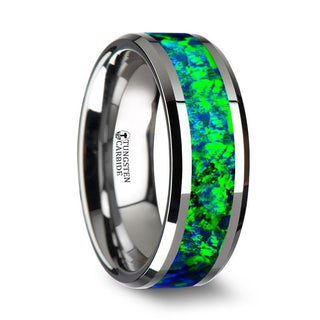 PHOTON Tungsten Beveled Wedding Band with Emerald Green & Sapphire Blue Color Opal Inlay - 6mm & 8mm - Thorsten Rings