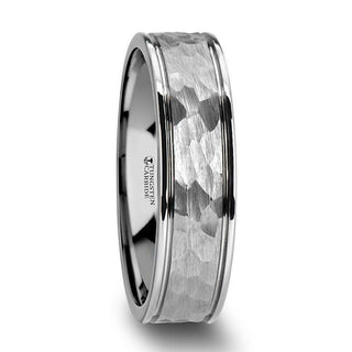 THORNTON Hammered Finish Center White Tungsten Carbide Wedding Band with Dual Offset Grooves and Polished Edges - 6mm & 8mm - Thorsten Rings