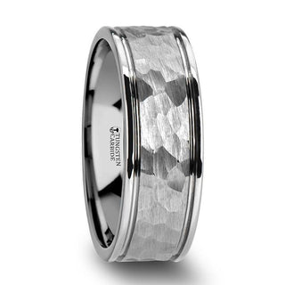 THORNTON Hammered Finish Center White Tungsten Carbide Wedding Band with Dual Offset Grooves and Polished Edges - 6mm & 8mm - Thorsten Rings