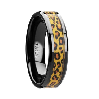 NAMIBIA Black Ceramic Wedding Band with Cheetah Print Animal Design Inlay - 6mm & 8mm - Thorsten Rings