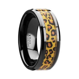 NAMIBIA Black Ceramic Wedding Band with Cheetah Print Animal Design Inlay - 6mm & 8mm - Thorsten Rings