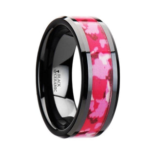 SIERRA Black Ceramic Ring with Pink and White Camouflage Inlay - 6mm & 8mm - Thorsten Rings