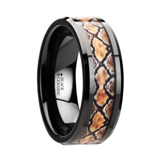 BASILISK Black Ceramic Wedding Ring with Boa Snake Skin Design Inlay - 8mm - Thorsten Rings