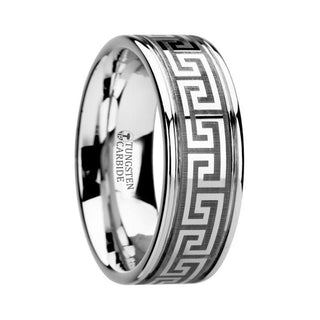 THASOS Grooved Tungsten Carbide Wedding Band with Greek Key Meander Design - 8mm - Thorsten Rings