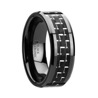 TITAN Black Beveled Ceramic Ring with Silver & Black Carbon Fiber Inlay - 8mm - Thorsten Rings
