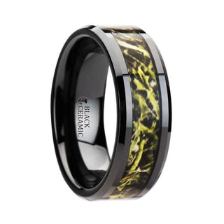 EVERGLADE Black Ceramic Wedding Band with Green Marsh Camo Inlay Ring - 8mm - Thorsten Rings