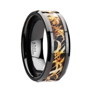 TUNDRA Black Ceramic Wedding Band with Leaves Grassland Camo Inlay Ring - 8mm - Thorsten Rings