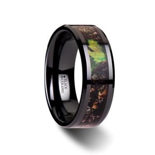 NIGHTFALL Realistic Tree Camo Black Ceramic Wedding Band with Green Leaves - 8mm - Thorsten Rings