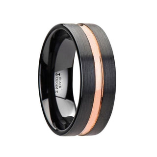 VENICE Black Ceramic Wedding Band with Rose Gold Groove - 4mm - 10mm - Thorsten Rings