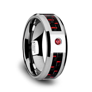 ADRIAN Tungsten Carbide Ring with Black and Red Carbon Fiber and Red Ruby Setting with Bevels - 8mm - Thorsten Rings