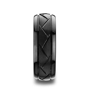 ENIGMA Domed Black Tungsten Ring with Brushed Cross Alternating Diagonal Cuts Pattern - 8mm - Thorsten Rings