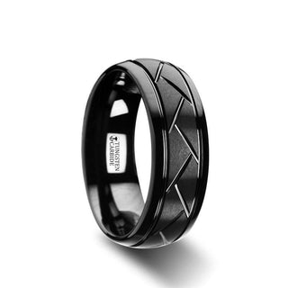 ENIGMA Domed Black Tungsten Ring with Brushed Cross Alternating Diagonal Cuts Pattern - 8mm - Thorsten Rings