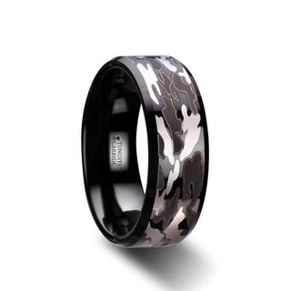 CONQUEST Beveled Black Tungsten Carbide Ring with Black and Gray Camo Pattern - 8mm - Thorsten Rings