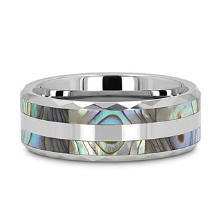 PAUA Double Abalone Shell Inlay Faceted Tungsten Ring With Beveled Polished Edges - 8mm - Thorsten Rings