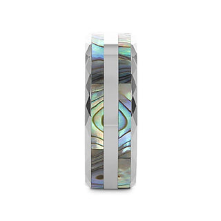 PAUA Double Abalone Shell Inlay Faceted Tungsten Ring With Beveled Polished Edges - 8mm - Thorsten Rings