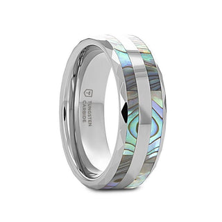 PAUA Double Abalone Shell Inlay Faceted Tungsten Ring With Beveled Polished Edges - 8mm - Thorsten Rings