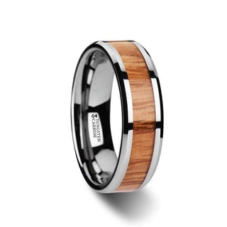 VERMILLION Red Oak Wood Inlaid Tungsten Carbide Ring with Bevels - 6mm - 10mm - Thorsten Rings