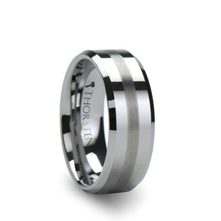 GRENOBLE Flat Beveled Tungsten Wedding Band with Brushed Stripe – 6mm or 8mm - Thorsten Rings