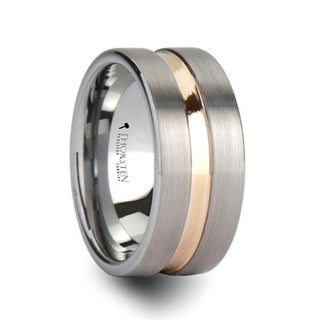 ZENITH Flat Brushed Finish Tungsten Ring with Rose Gold Channel - 10mm - Thorsten Rings