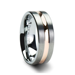 ZENITH Flat Brushed Finish Tungsten Ring with Rose Gold Channel - 10mm - Thorsten Rings