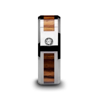 SABER Tungsten Carbide Diamond Ring with Beveled Edges and Real Zebra Wood Inlay - 8mm - Thorsten Rings