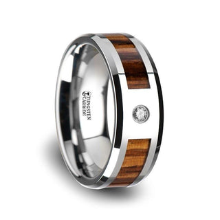 SABER Tungsten Carbide Diamond Ring with Beveled Edges and Real Zebra Wood Inlay - 8mm - Thorsten Rings