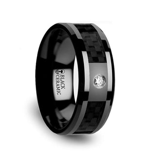 ANGUS Black Ceramic Wedding Band with Black Carbon Fiber Inlay and White Diamond- 8mm - Thorsten Rings