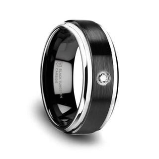 MONARCH Black Ceramic Wedding Band with Diamond, Polished Beveled Step Edges, & Raised Brush Center - 6mm & 8mm - Thorsten Rings