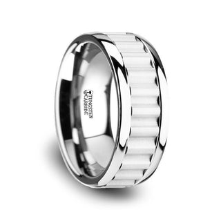 CUTLASS Tungsten Carbide Wedding Band with Gear Teeth Inlay & Polished Edges - 9mm - Thorsten Rings