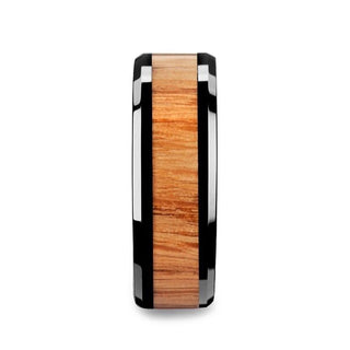 OBLIVION Red Oak Wood Inlaid Black Ceramic Ring with Bevels - 10mm - Thorsten Rings