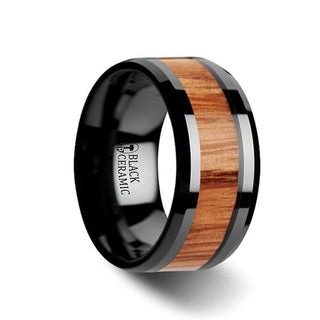 OBLIVION Red Oak Wood Inlaid Black Ceramic Ring with Bevels - 10mm - Thorsten Rings