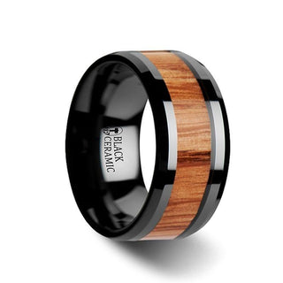 OBLIVION Red Oak Wood Inlaid Black Ceramic Ring with Bevels - 6mm - 10mm - Thorsten Rings