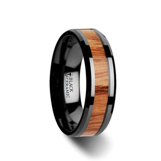 OBLIVION Red Oak Wood Inlaid Black Ceramic Ring with Bevels - 6mm - 10mm - Thorsten Rings