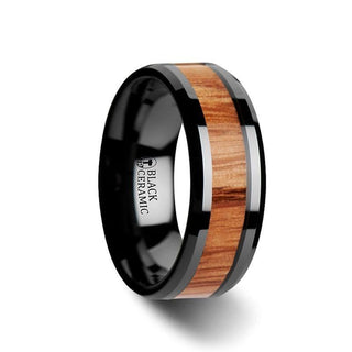 OBLIVION Red Oak Wood Inlaid Black Ceramic Ring with Bevels - 6mm - 10mm - Thorsten Rings