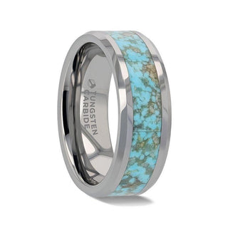 TURCHESE Light Turquoise Spider Web Inlay Tungsten Men's Wedding Band With Beveled Edges - 8mm - Thorsten Rings