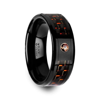 HELSING Black Ceramic Ring with Black and Orange Carbon Fiber and Orange Padparadscha Setting - 8mm - Thorsten Rings