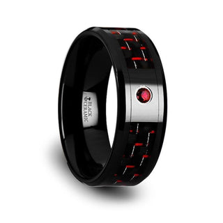 SORRELL Black Ceramic Ring with Black and Red Carbon Fiber and Red Ruby Setting - 8mm - Thorsten Rings