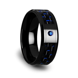 ODELL Black Ceramic Ring with Black and Blue Carbon Fiber and Blue Sapphire Setting - 8mm - Thorsten Rings