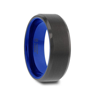 RIGEL Flat Beveled Edges Black Tungsten Ring with Brushed Center and Vibrant Blue Inside - 6mm & 8mm - Thorsten Rings