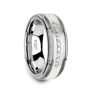 HARPER Tungsten Wedding Band with Raised Center & Brushed Silver Inlay and 9 Channel Set White Diamonds - 8mm - Thorsten Rings