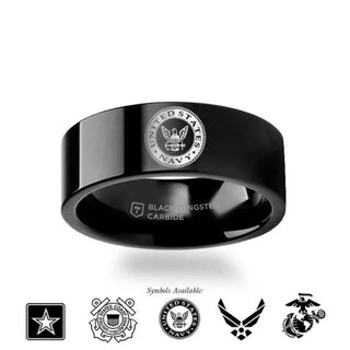 Military Symbol Logo Engraving Flat Polished Black Tungsten Ring - Army, Coast Guard, Navy, Marines, Air Force - 4mm - 12mm - Thorsten Rings