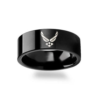 Military Symbol Logo Engraving Flat Polished Black Tungsten Ring - Army, Coast Guard, Navy, Marines, Air Force - 4mm - 12mm - Thorsten Rings