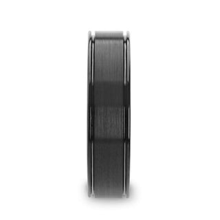 TURNER Flat Brushed Finish Center Black Tungsten Carbide Wedding Band with Dual Offset Grooves and Polished Edges - 6mm & 8mm - Thorsten Rings