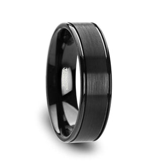 TURNER Flat Brushed Finish Center Black Tungsten Carbide Wedding Band with Dual Offset Grooves and Polished Edges - 6mm & 8mm - Thorsten Rings